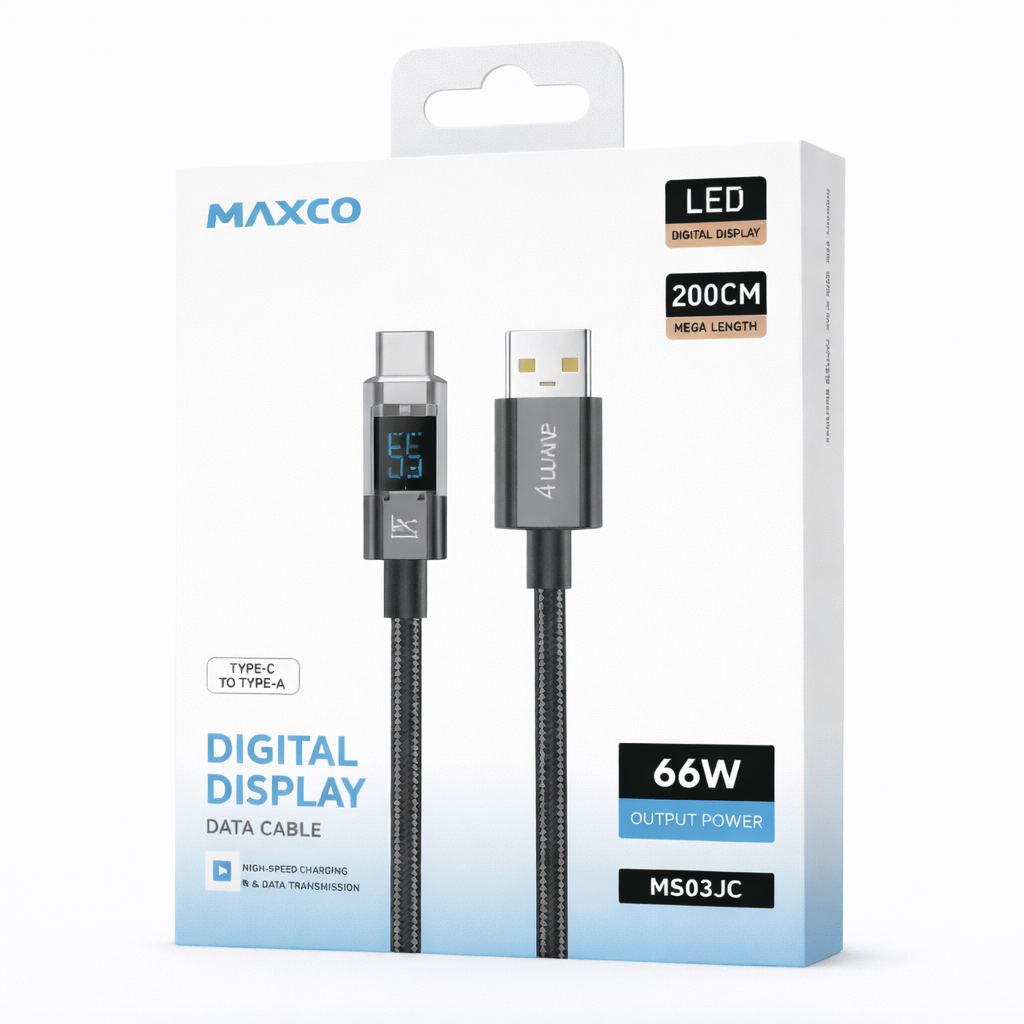 Image de Câble de charge rapide MAXCO USB vers USB-C 66W avec écran LED – 2 mètres