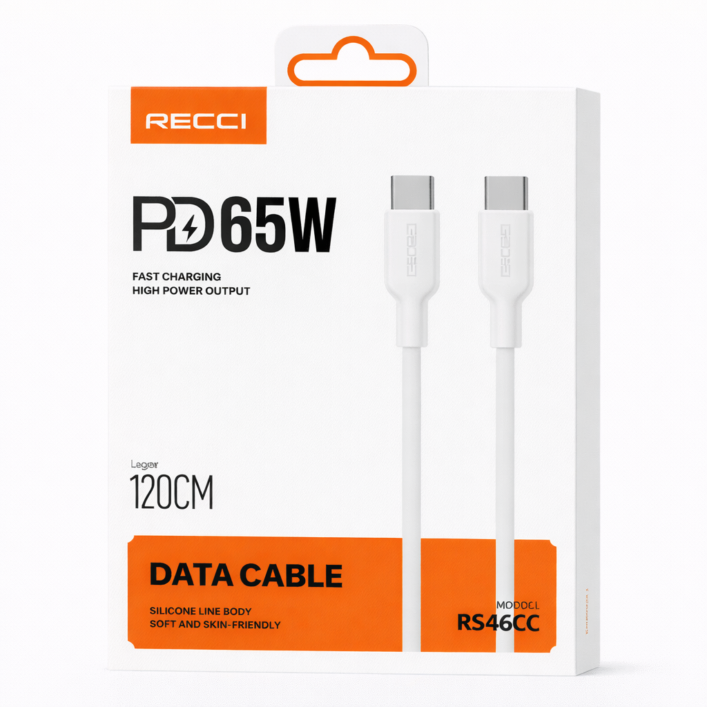Image de Câble de charge rapide RECCI USB-C vers USB-C PD 65W – Blanc (Modèle RS46CC)
